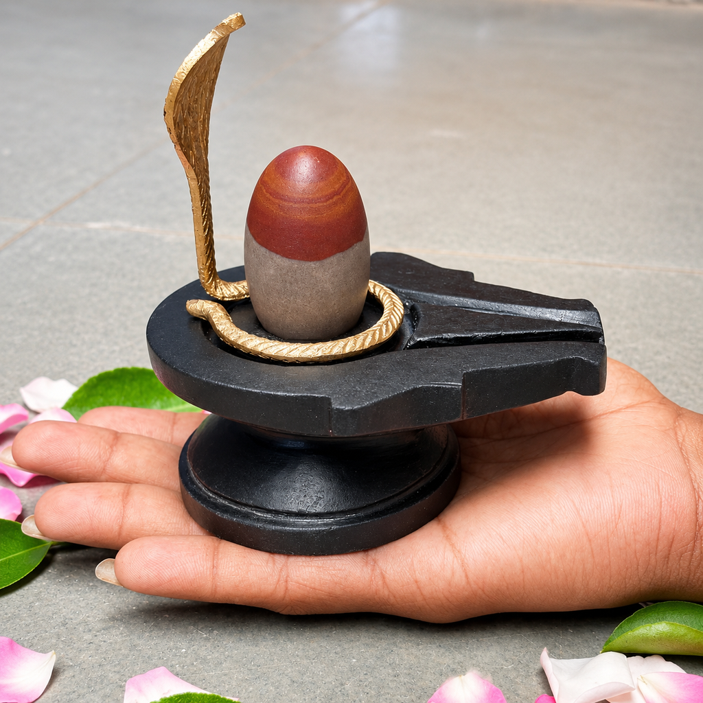2 Inch Mahamrityunjay Narmadeshwar Shivling with 4 Inch Black Damru Jaladhari & Golden Naag