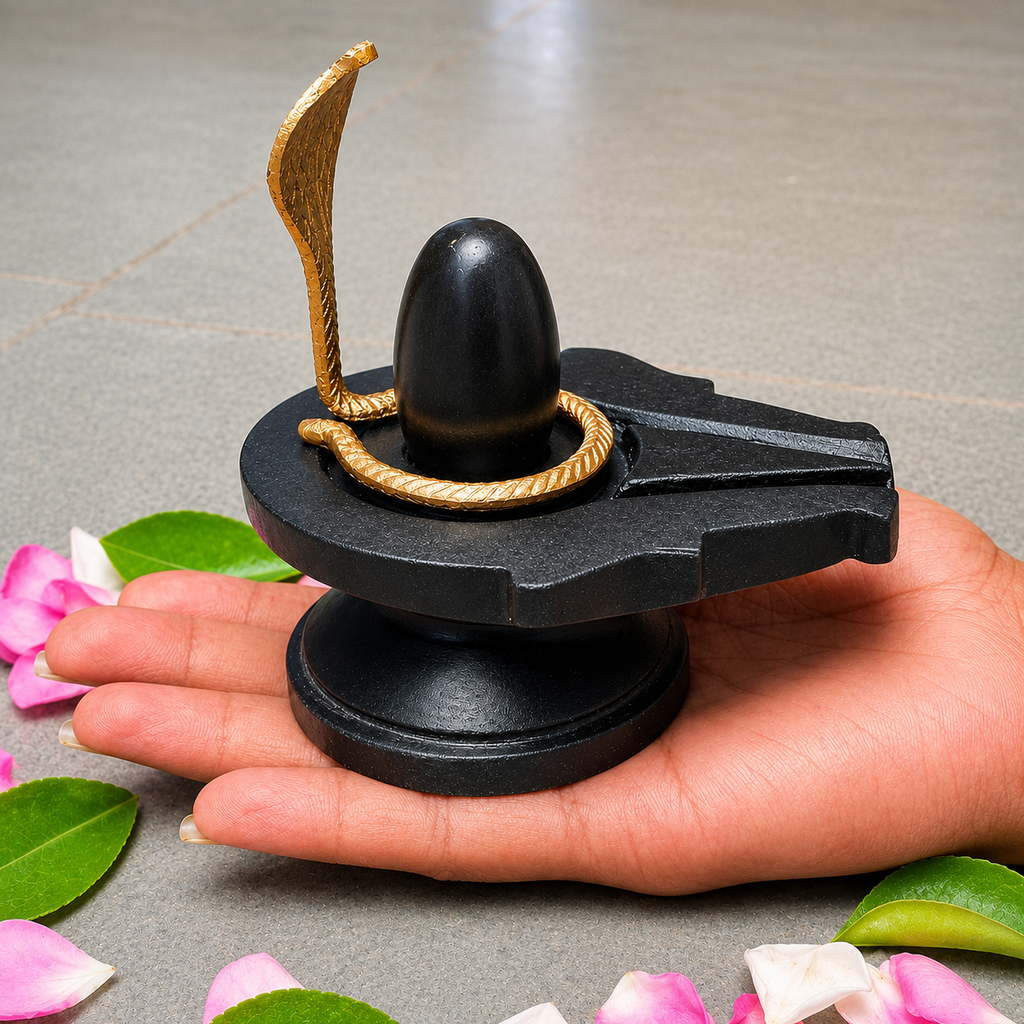 2 Inch Mahakal Narmadeshwar Shivling with 4 Inch Black Damru Jaladhari & Golden Naag