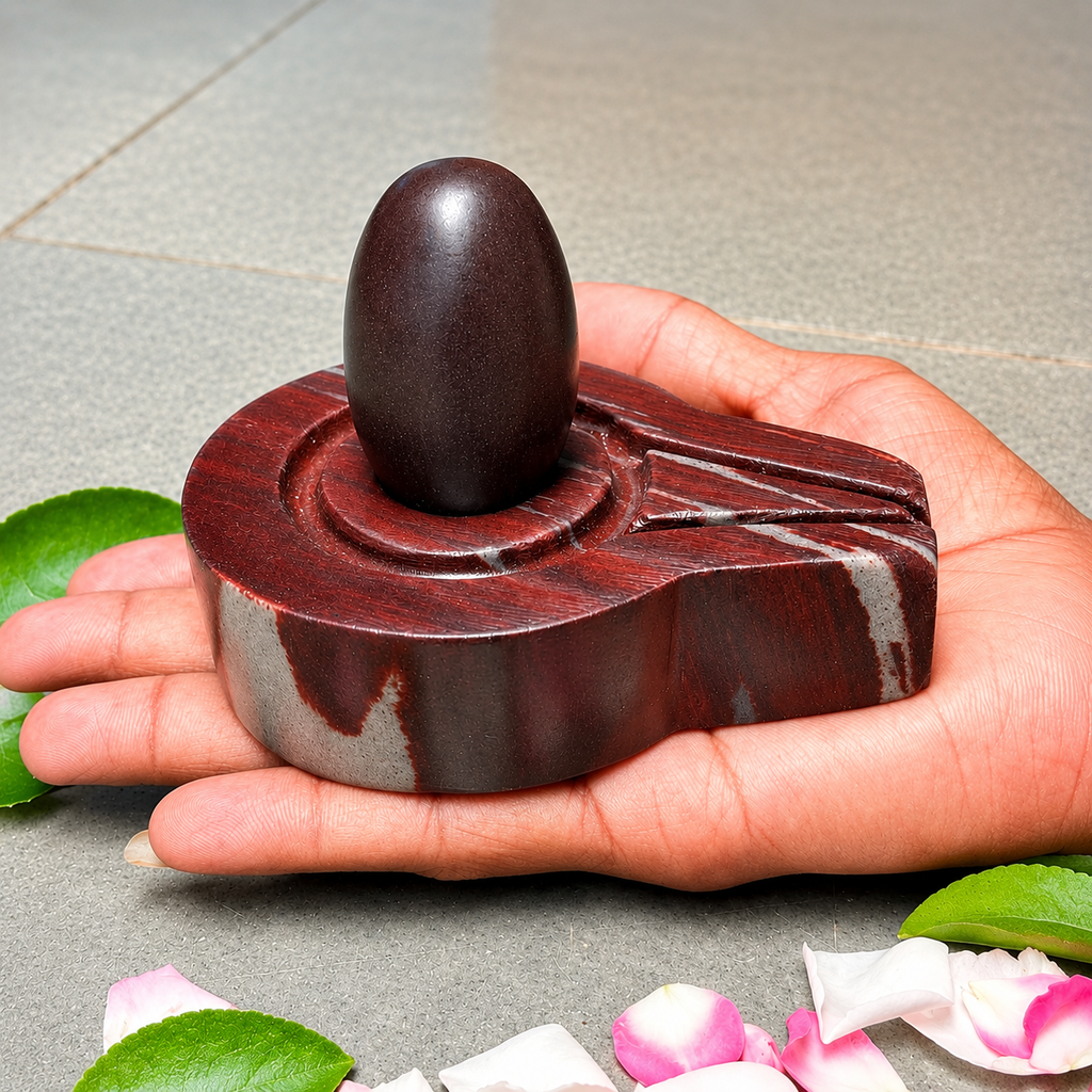 2 Inch Natural Mahamrityunjay Narmadeshwar Shivling with 4 Inch Red & White Plate Jaladhari