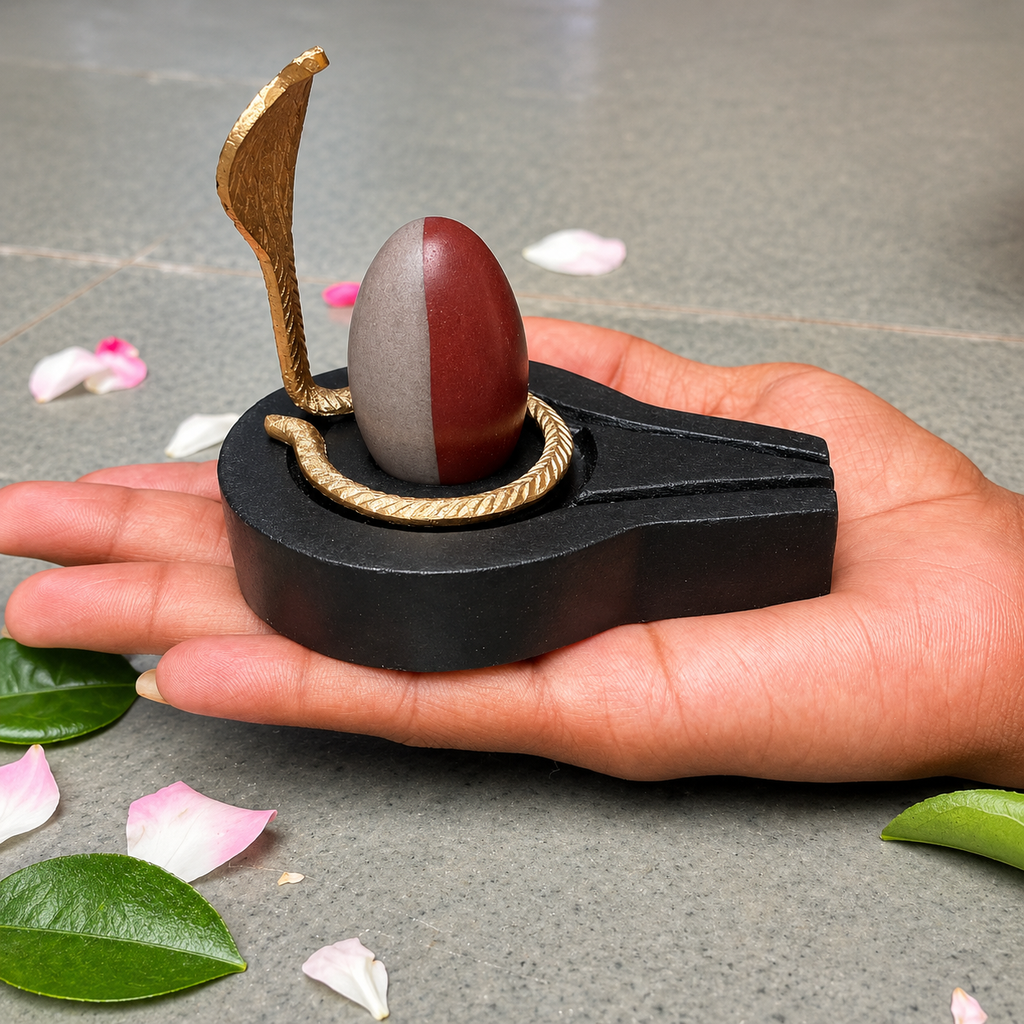 2 Inch Ardhnareshwar Narmadeshwar Shivling with 4 Inch Black Plate Jaladhari & Golden Naag