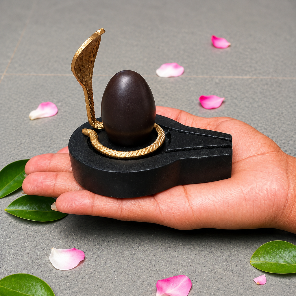 2 Inch Mahamritunjay Narmadeshwar Shivling with 4 Inch Black Plate Jaladhari & Golden Naag