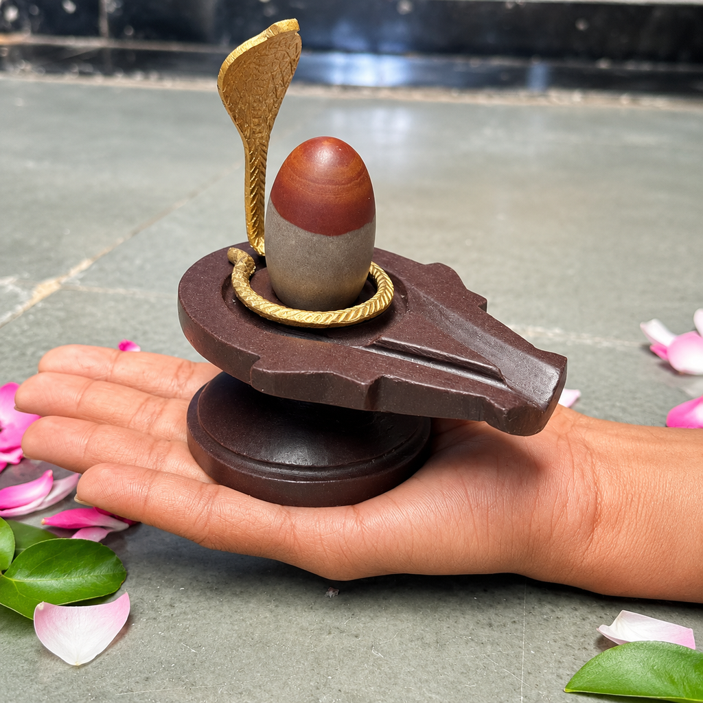 2 Inch Natural Mahamritunjay Narmadeshwar Shivling with 4 Inch Brown Narmada Stone Jaladhari | Handmade Shiva Lingam for Home Temple & Daily Pooja