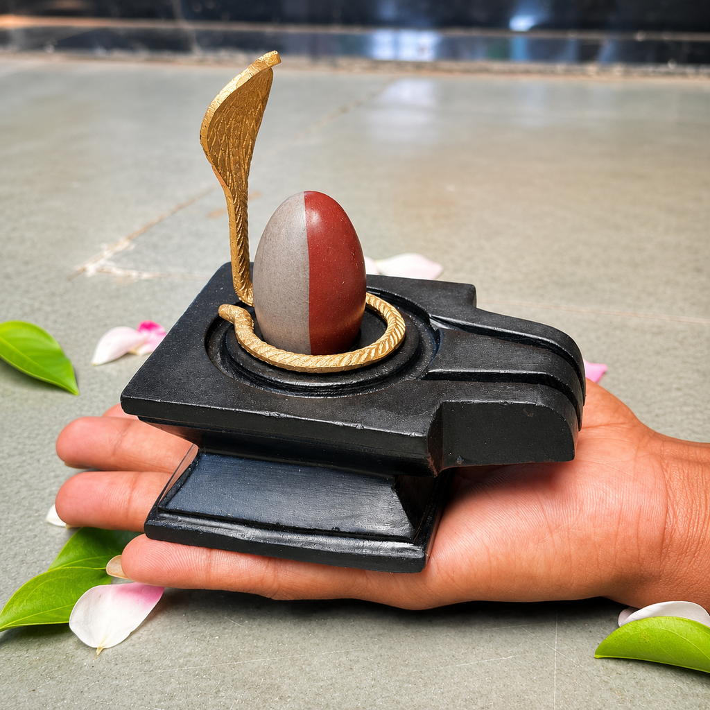 2 Inch Ardhnareshwar Narmadeshwar Shivling with 4 Inch Black Damru Jaladhari & Golden Naag