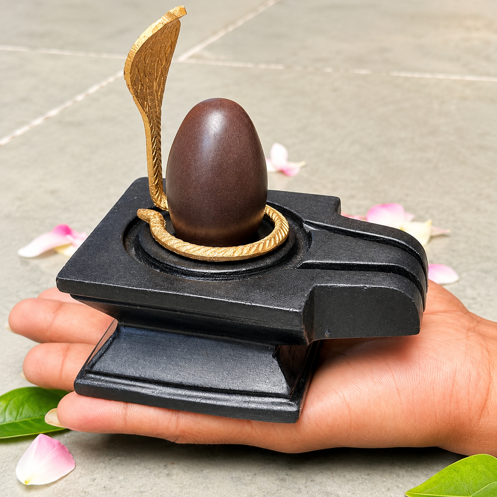 2 Inch Swayambhu Narmadeshwar Shivling with 4 Inch Black Square Jaladhari & Golden Naag