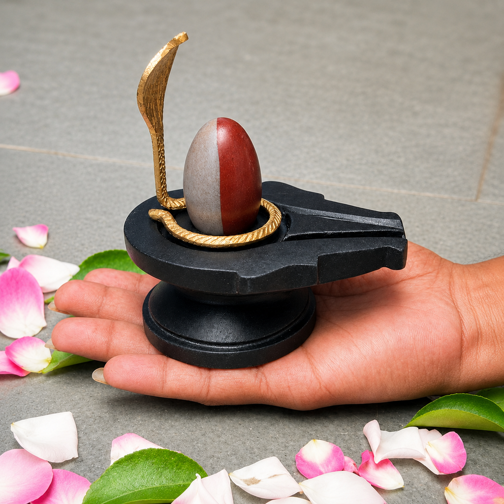 2 Inch Ardhnareshwar Narmadeshwar Shivling with 4 Inch Black Damru Jaladhari & Golden Naag